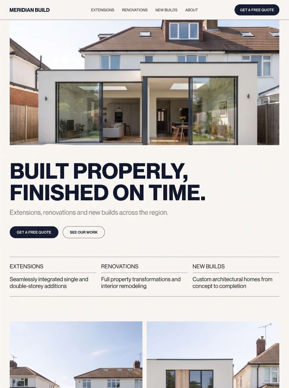 The finished home page: a photograph of a completed extension, the headline Built properly, finished on time, and a quote button