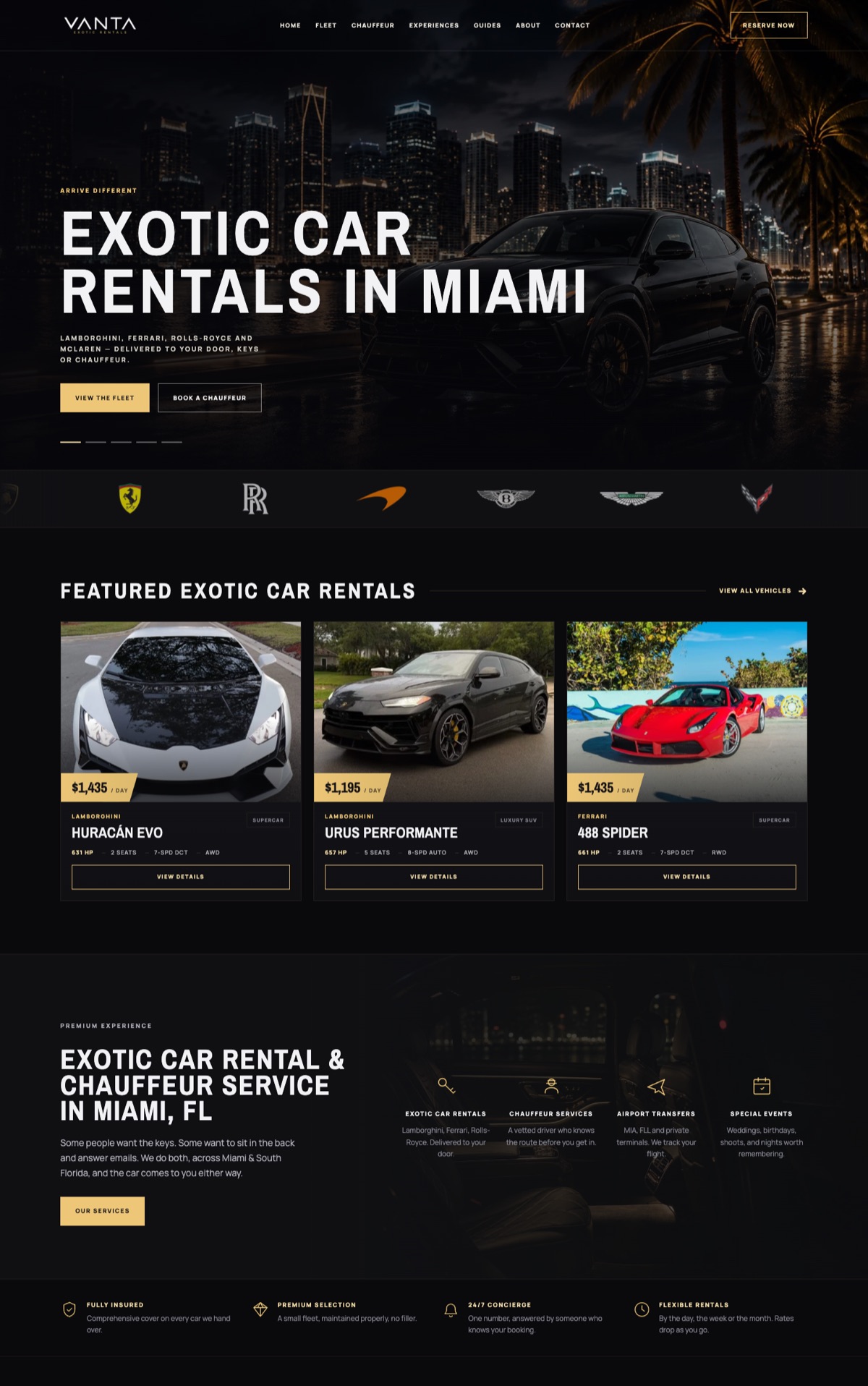 The Vanta Exotic Rentals home page: a black Lamborghini against the Miami skyline, the headline Exotic car rentals in Miami, and three cars with the daily price on each